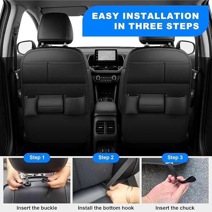 Back Seat Protector 2 Pack Fit For Nissan Rogue Car Kick Mats with Cup & Tissue Storage Organizer Pockets Waterproof Dirt Proof Faux Leather Auto Accessories For Kids(1 Pair Black)