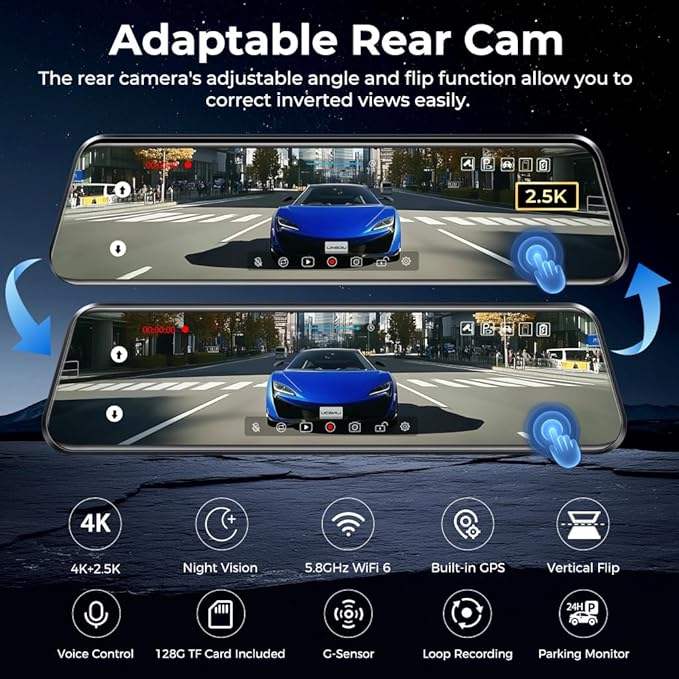 LD4K Max Mirror Dash Cam with 4K Front and 2.5K Rear Camera, STARVIS 2 Sensor, with ADAS BSD LCA Smart Mode, GPS, G-Sensor, L