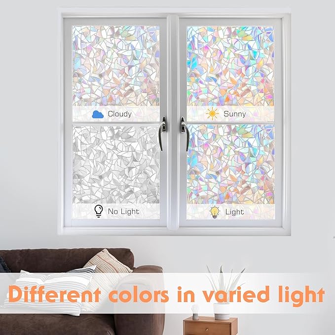 Hilarious Rainbow Window Privacy Film Glass Door Privacy Film Static Cling Tint Frosted 3D Decorative Window Film Sticker Privacy Decals Non-Adhesive Removable Stained Glass Film(39.4'' x 118'')