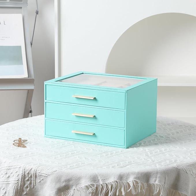 Frebeauty Clear Lid Jewelry Box,3-Layer Jewelry Organizer with Drawer,PU Leather Jewelry Organizers and Storage,Jewelry Boxes