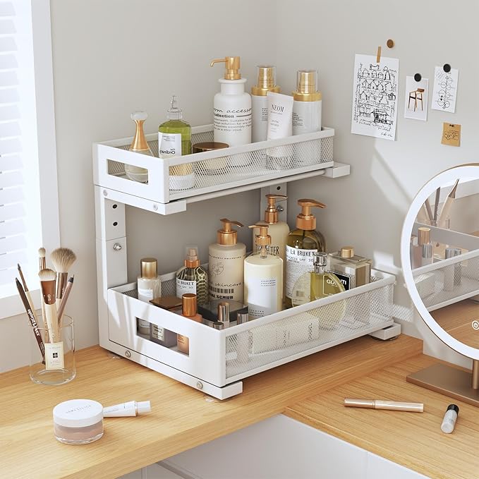 2-Pack Under Sink Storage Organizer, Large 2-Tier Elegant Mesh Pull Out Shelf for Kitchen and Bathroom Cabinet Organization, 
