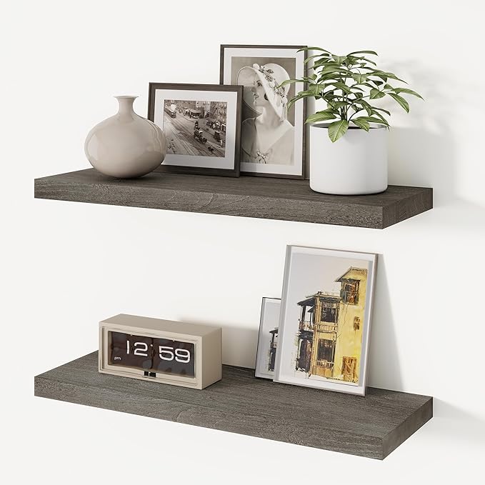 Vivelove Elm Floating Shelves for Wall Solid Wood, 24 Inches Long Rustic Wall Shelf with Invisible Bracket for Living Room Be