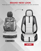 FREESOO Black White Front Car Seat Covers - Faux Nappa Leather Seat Covers for Cars, with Carbon Fiber Texture Seatbelt Pads,