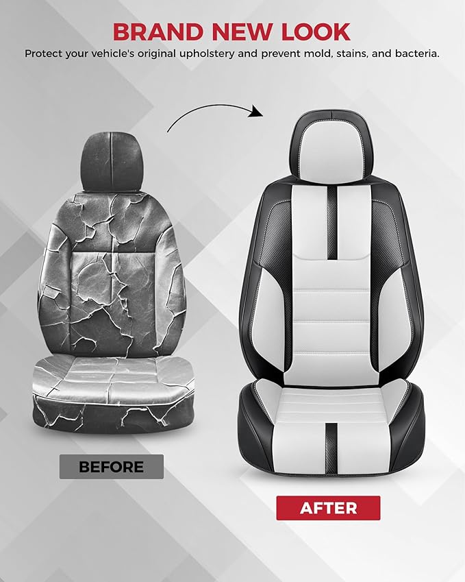 FREESOO Black White Front Car Seat Covers - Faux Nappa Leather Seat Covers for Cars, with Carbon Fiber Texture Seatbelt Pads,