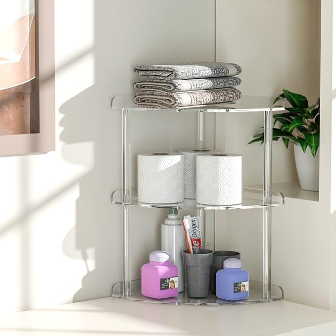 Sezanrpt 3 Tier Acrylic Corner Shelf Organizer Storage 9.5x9.5x15.7 Inch, Transparent Countertop Corner Shelf for Bathroom, K