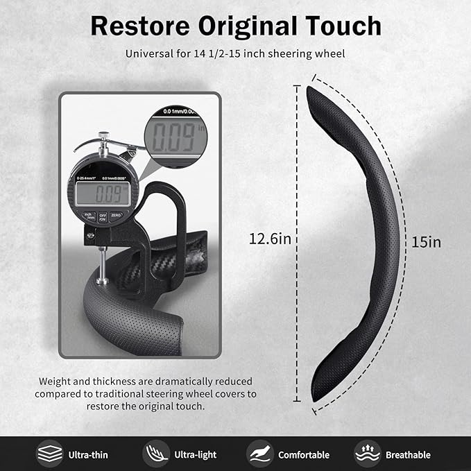 Nappa Leather Car Steering Wheel Cover for Men Women, Ultra-Thin Non-Slip Breathable Microfibre, Universal for 14.5"-15" Stee