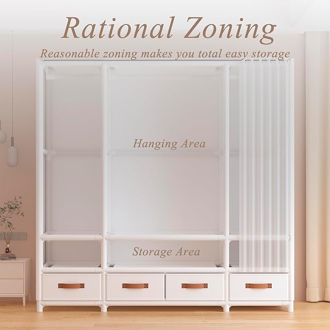Portable Closet,Portable Closets for Hanging Clothes,Japanese Style Wardrobe Clothing Rack with 3 Drawers,1 Hanging Rods and 