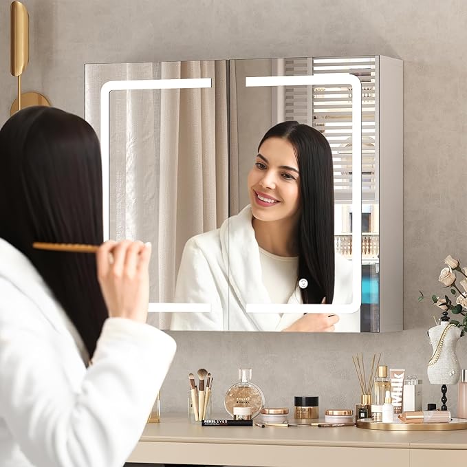 DICTAC Bathroom Medicine Cabinet with Mirrors and Led Lights 27.6x23.62 inch Double Doors Wall Mounted Mirror Cabinet with St