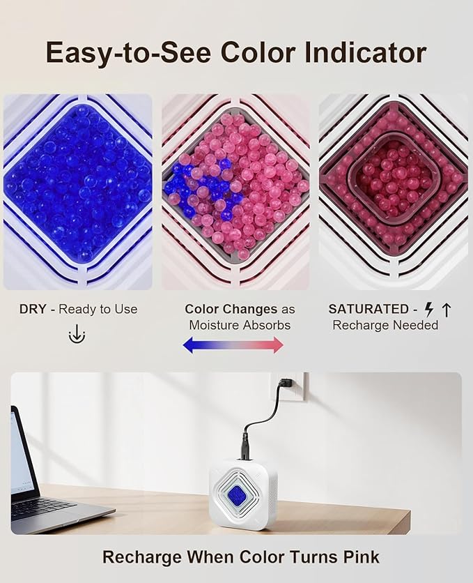 Dehumidifier for Bathroom with Color-Changing Beads, Rechargeable Small Dehumidifier for Closet, Portable Gun Safe