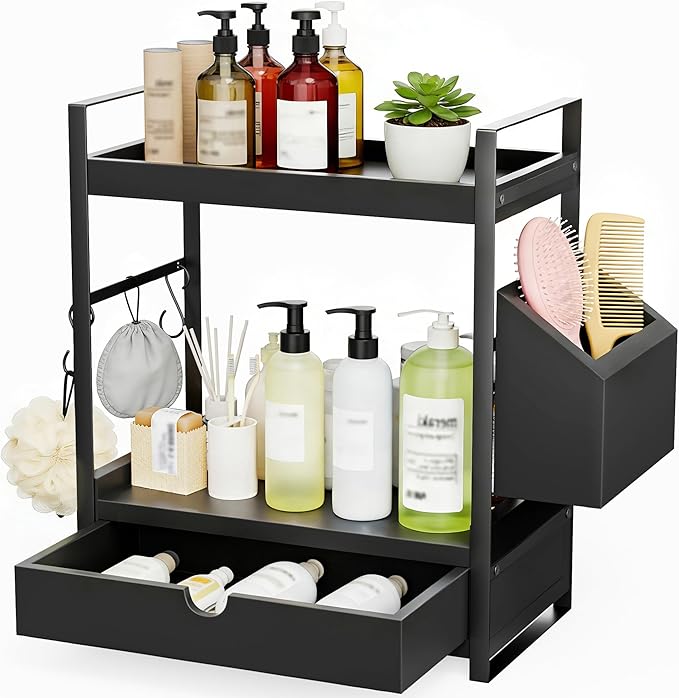 Kottwca 2-Tier Bathroom Counter Organizer with Drawer, Basket & Hooks, Wooden Vanity Shelf for Skincare, Perfume & Makeup Sto
