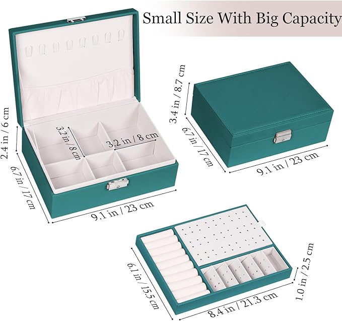 Jewelry Box for Women Girls, 2 Layers Jewelry Organizer Container with Lock, PU Leather Storage Case with Removable Tray, Jew