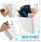 G.CORE Large Grid Wall Bins - 6Pack White Gridwall Accessories Hanging Cups with Back Hooks - Plastic Grid Wall Panels Organi