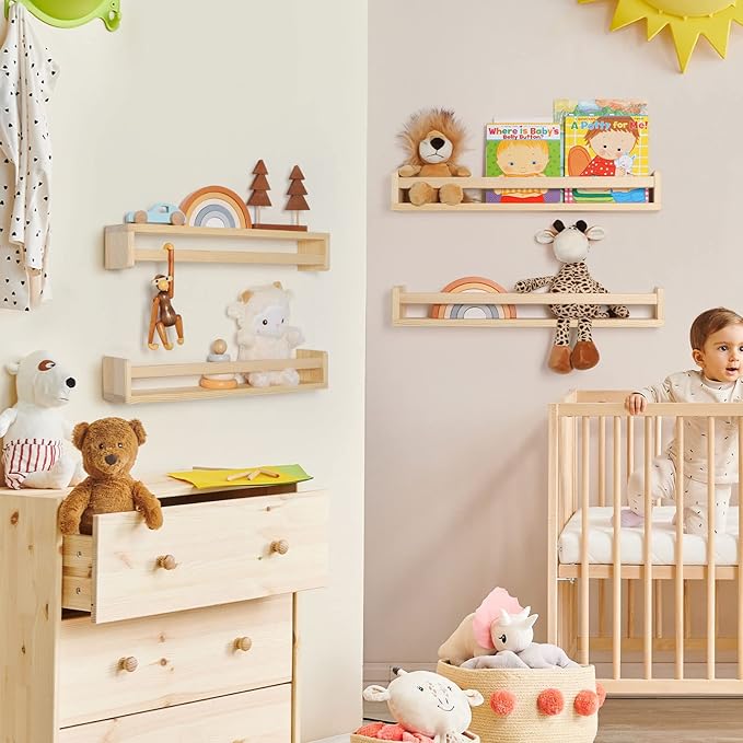 Fun Memories Nursery Book Shelves - Rustic Natural Solid Wood Floating Bookshelf for Kids - Wall Book Shelves for Kids Room (