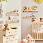Fun Memories Nursery Book Shelves - Rustic Natural Solid Wood Floating Bookshelf for Kids - Wall Book Shelves for Kids Room (