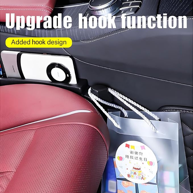 2 Pack Upgrade TPU Universal Dual Car Seat Gap Filler with Hooks, 4 in 1 Black Car Gap Plug Seat Fillers with Hook Odorless for Cars SUV, Console Side Gap Storage Organizer with Charge Cable Hole
