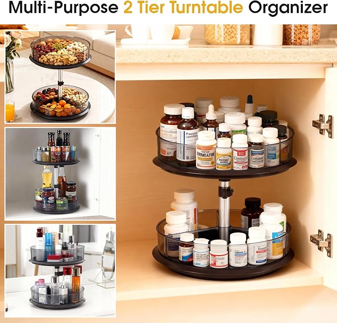 2 Tier Medicine Cabinet Organizer, Rotary Turntable Organizer for Medicine and Vitamin Bottles, Under Sink Organizer for Medi