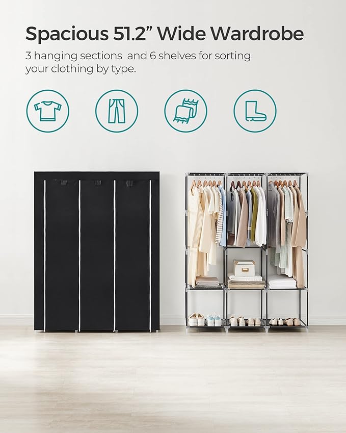 SONGMICS Portable Closet, Wardrobe Closet Organizer with Cover, 3 Hanging Rods and Shelves, 4 Side Pockets, 51.2 x 17.7 x 65.