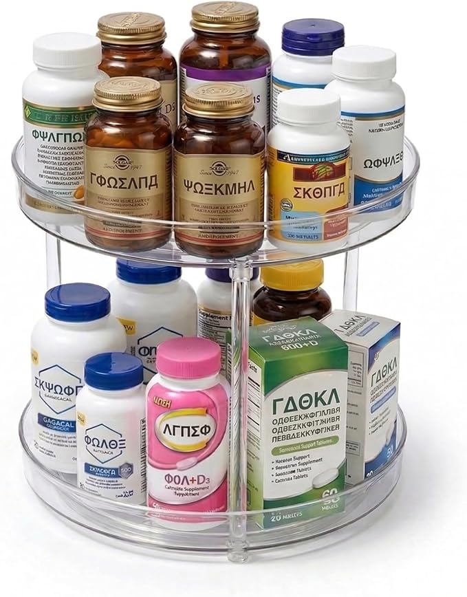 2-Tier Vitamin Storage Organizer, Rotary Turntable Organizer for Vitamin Bottles and Medicine Bottle, Vitamin Bottle Organize