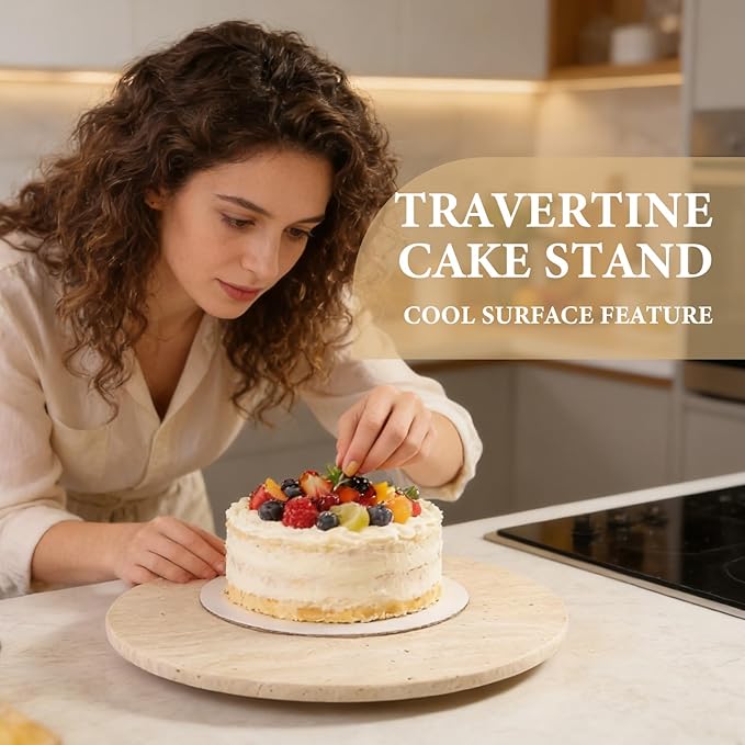 Koville 16'' Beige Marble Lazy Susan Travertine Turntable for Kitchen Dinning, Marble Lazy Susans Organizer for Cabinet, Serv