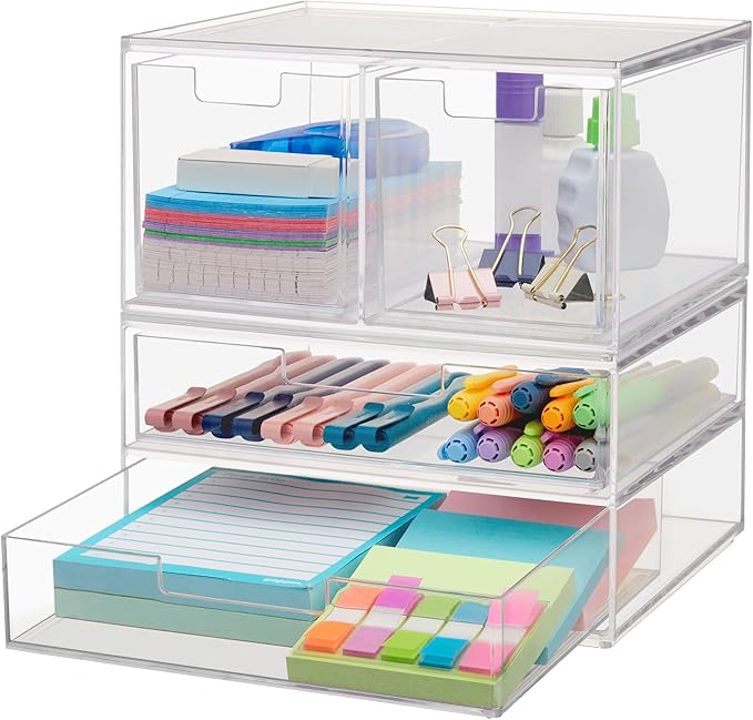 STORi Chloe Space-Saving Clear Drawer Organizer (4 Drawer Set) Sort Office, Kitchen, Beauty Supplies, Makeup, Pens, Jewelry, 