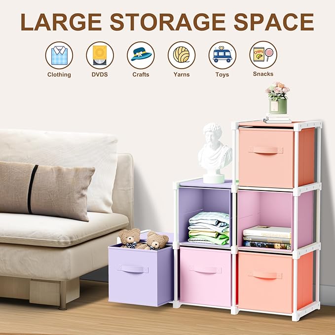 6 Cube Storage Organizer with Shelf Back to School Boxes 11 Inch Toy Storage Bins Closet Organizers Drawers Fabric Dresser fo