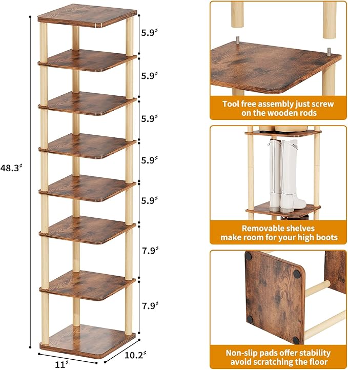 LUCKNOCK Vertical Shoe Rack, 8-Tier Tall Narrow Shoe Organizer for Entryway, Closet, Dorm & Small Spaces, Freestanding Wooden