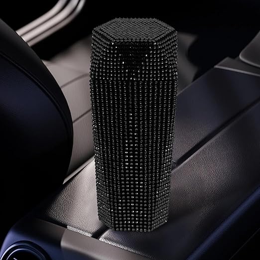 iplusmile Bling Car Trash Can with Lid, Black Rhinestone Sparkly Auto Garbage Bin for Women Girls, Mini Vehicle Waste Container Organizer for Cup Holder, Interior Decor Accessories