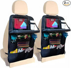 Backseat Car Organizer with Tray, 9 Storage Pockets Back Seat Protector with Foldable Tablet Holder, Waterproof Back of Seat Kick Mats for Kids Adult, Road Trip Essentials Travel 2 Pack, Black