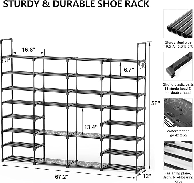 Mavivegue Extra Large Shoe Rack, 8 Tier 4 Rows 72-76 Pairs Big Tall Metal Shoe Shelf,Big Boot Rack Storage Organizer for Gara