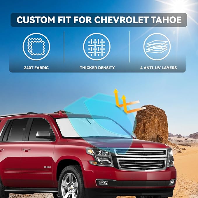 for Chevrolet Tahoe 2015-2020 Windshield Sun Shade - 4 Layers Car Sunshades for Front Windows Shade Cover Custom Fit Tahoe Sun Visor 250T Retractable Shade Blocks UV Rays Car Accessories