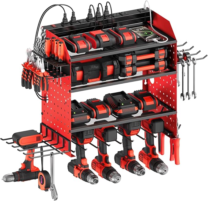 CCCEI Modular Power Tools Organizer with USB Charging Station, 4 Layer Drills and Battery Storage Wall Mount, Garage Shop Org