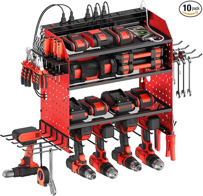CCCEI Modular Power Tools Organizer with USB Charging Station, 4 Layer Drills and Battery Storage Wall Mount, Garage Shop Org