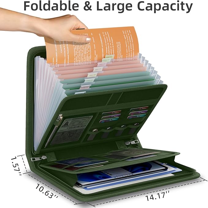 Fireproof Accordion File Organizer, Portable Expanding File Folder with Waterproof Zipper&Labels, Green Document Organizer wi