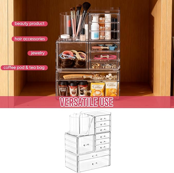 ShineMe Clear Makeup Organizer with 9 Drawers, 3 Tier Stackable Makeup Storage Organizer with Rotating Brush Holder, Acrylic 