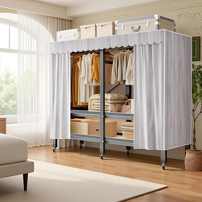 Heavy Duty Portable Wardrobe, Metal Foldable Covered Clothes Rack, 1500LBS, Freestanding Closet System Rolling Garment Rack, 