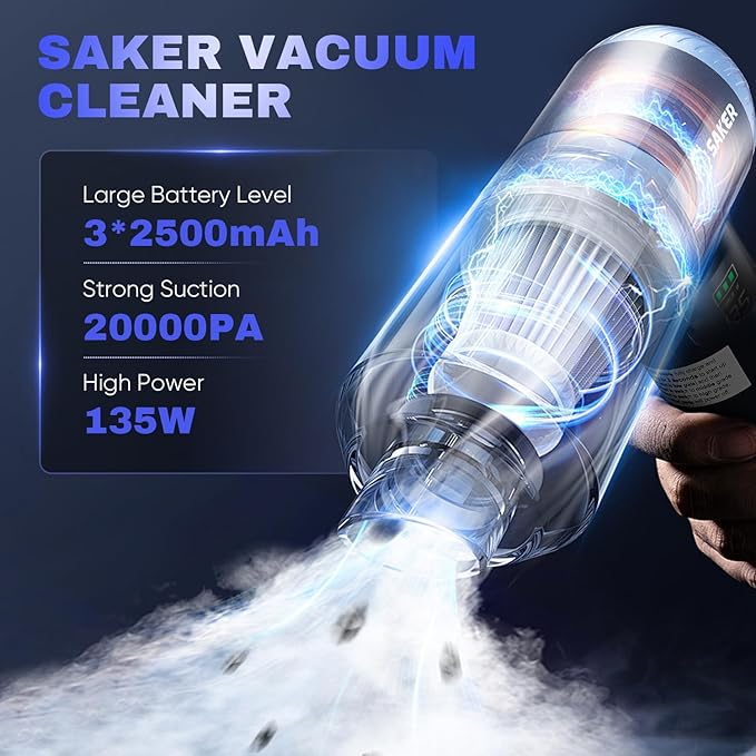 Saker Car Vacuum Portable Cordless 20000Pa Suction Power 4 in 1 Handheld Vacuum with LED Light Type-C Portable Mini Vacuums f