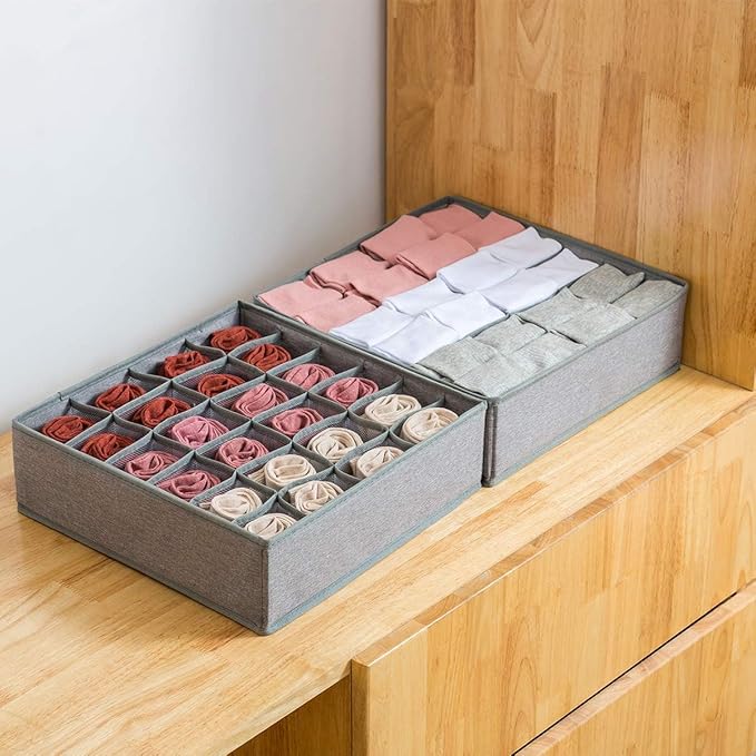 Qozary 2 Pack Socks Underwear Drawer Organizer Divider, 24 Cell or 16 Cell Collapsible Cabinet Closet Organizer Storage Boxes