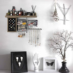 SOLIMINTR Hanging Jewelry Organizer Wall Mount Holder with Rustic Wood Shelf, Ring Display Box, Ear Studs Earring Holder, Rot