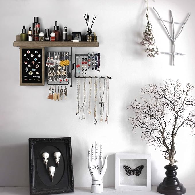 SOLIMINTR Hanging Jewelry Organizer Wall Mount Holder with Rustic Wood Shelf, Ring Display Box, Ear Studs Earring Holder, Rot
