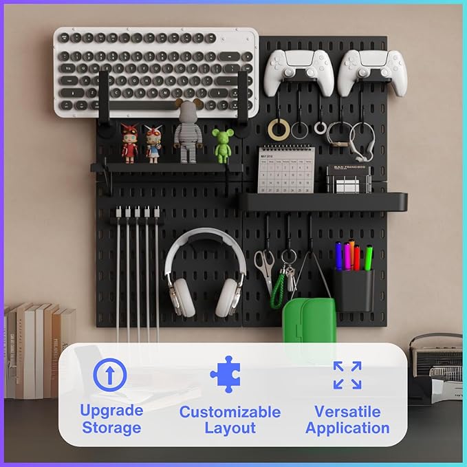 Keepo Peg Board Wall Organizer for Gaming Setup, Pegboard with Adhesives & Screw Mounts, Includes Peg Board Accessories for G