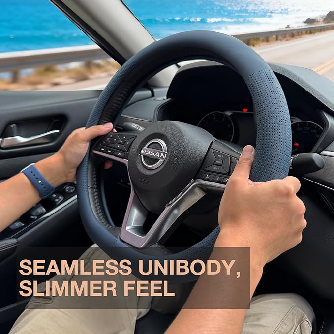 PINCTROT D Shaped Nappa Leather Steering Wheel Cover, Slim Fit No Bulk Design, One Piece Leather with Breathable Perforation,