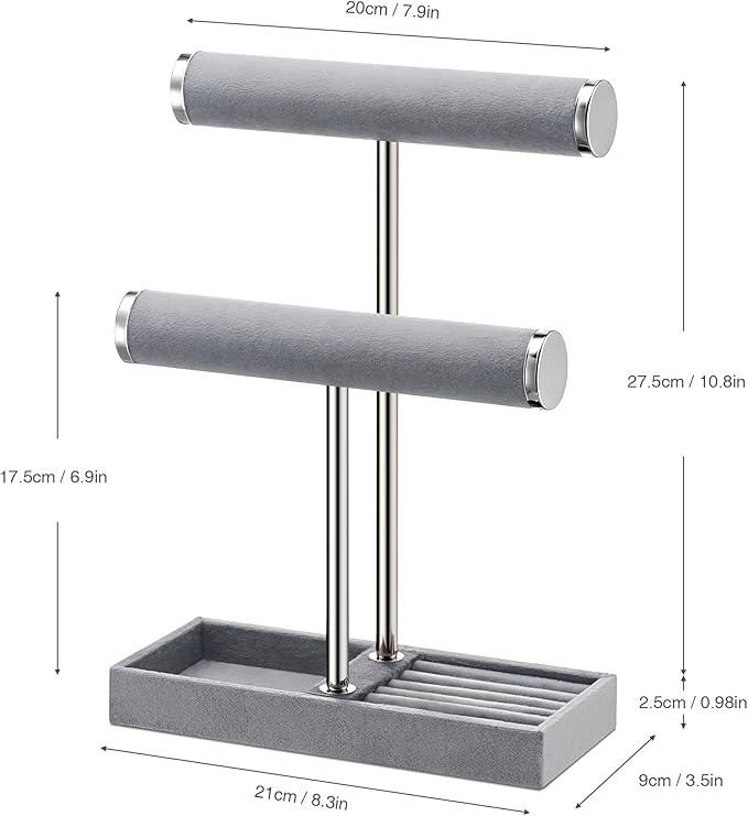 bussdis 2 Tier Bracelet Holder Display - Detachable T Bar Grey Velvet Bracelet Holder, Jewelry Holder Organizer for Bracelet,