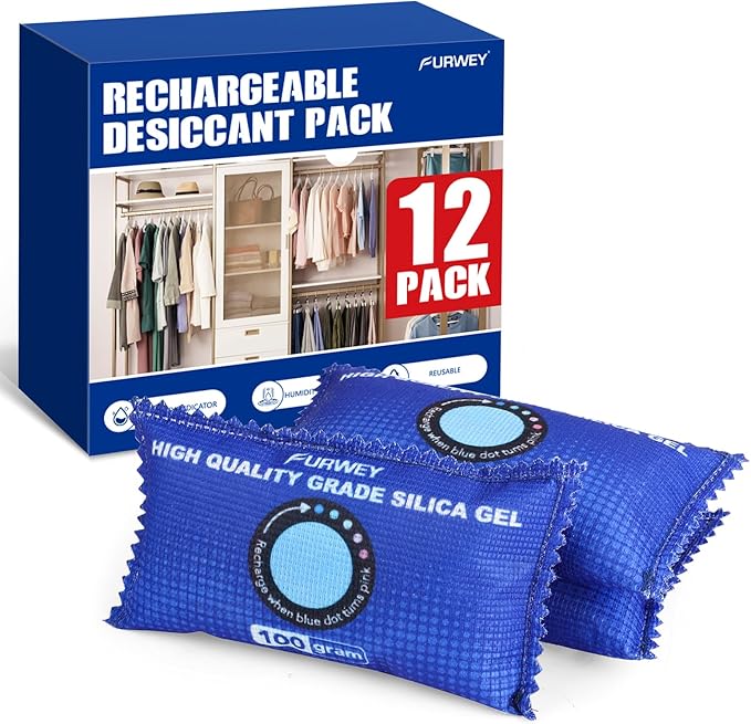 12 Pack Rechargeable Desiccant Packs, 100g Each, Blue, Color Indicating Silica Gel Dehumidifier Bags for Storage, Closets,
