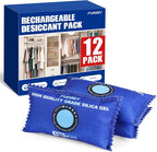 12 Pack Rechargeable Desiccant Packs, 100g Each, Blue, Color Indicating Silica Gel Dehumidifier Bags for Storage, Closets,