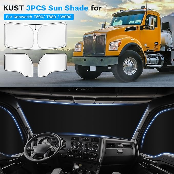 KUST Full Coverage Window Shades for Kenworth T680 T880 W990 (All Years) Accessories, Window Cover UV Block Privacy Protection Keep Your Car Cool Easy Install Full Set 3PCS