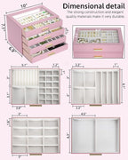 AKOZLIN Jewelry Box with Clear Lid Functional Leather Jewelry Storage Organizer Case 4 Drawers for Women Girls Necklace Ring 