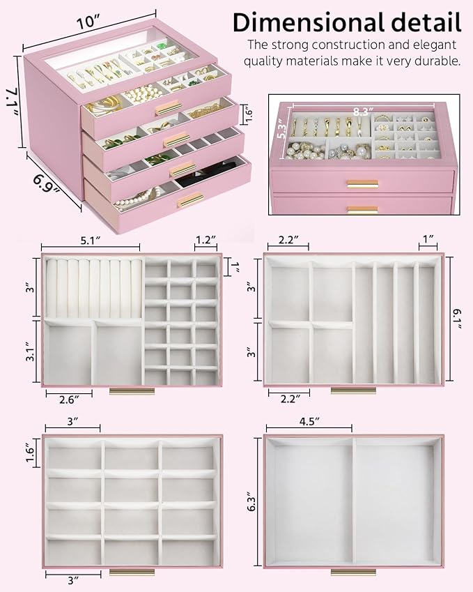 AKOZLIN Jewelry Box with Clear Lid Functional Leather Jewelry Storage Organizer Case 4 Drawers for Women Girls Necklace Ring 