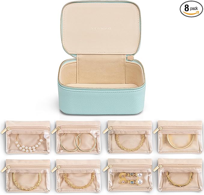 VLANDO Jewelry Travel Organizer with 8 Velvet Jewelry Bags Travel Jewelry Storage Box Jewelry Case for Necklace Rings Earring