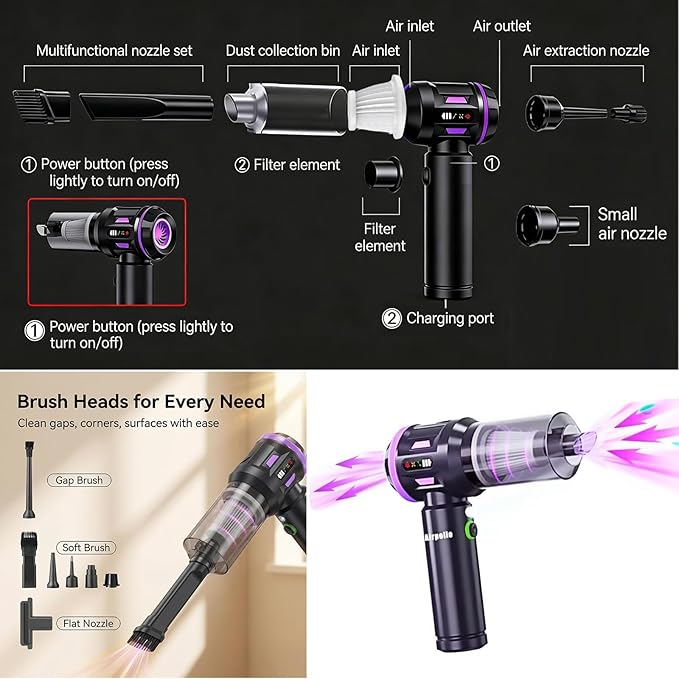 Airpollo® Car Vacuum Portable Cordless Handheld Cleaner Aspiradora para Carro, 4 in 1 with LED Screen V2 Portable 29000 Pa Su