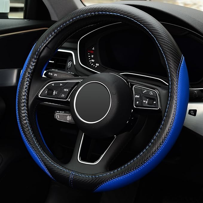 LABBYWAY Microfiber Leather Auto Car Steering Wheel Cover, Universal Fit 15 Inch Anti-Slip Wheel Protector, Blue